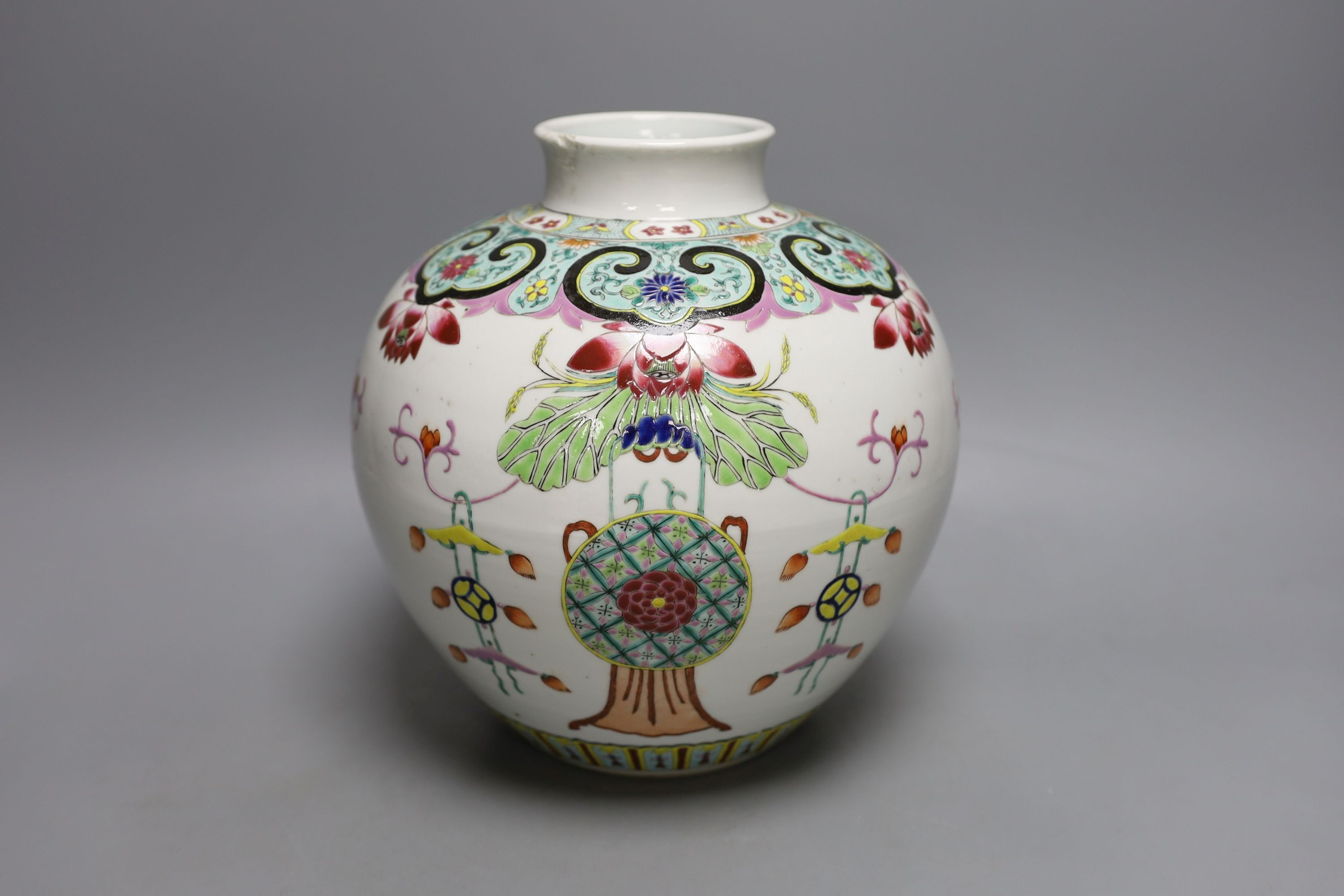 A Chinese famille rose ovoid vase, Yongzheng mark but 19th century - 23cm tall